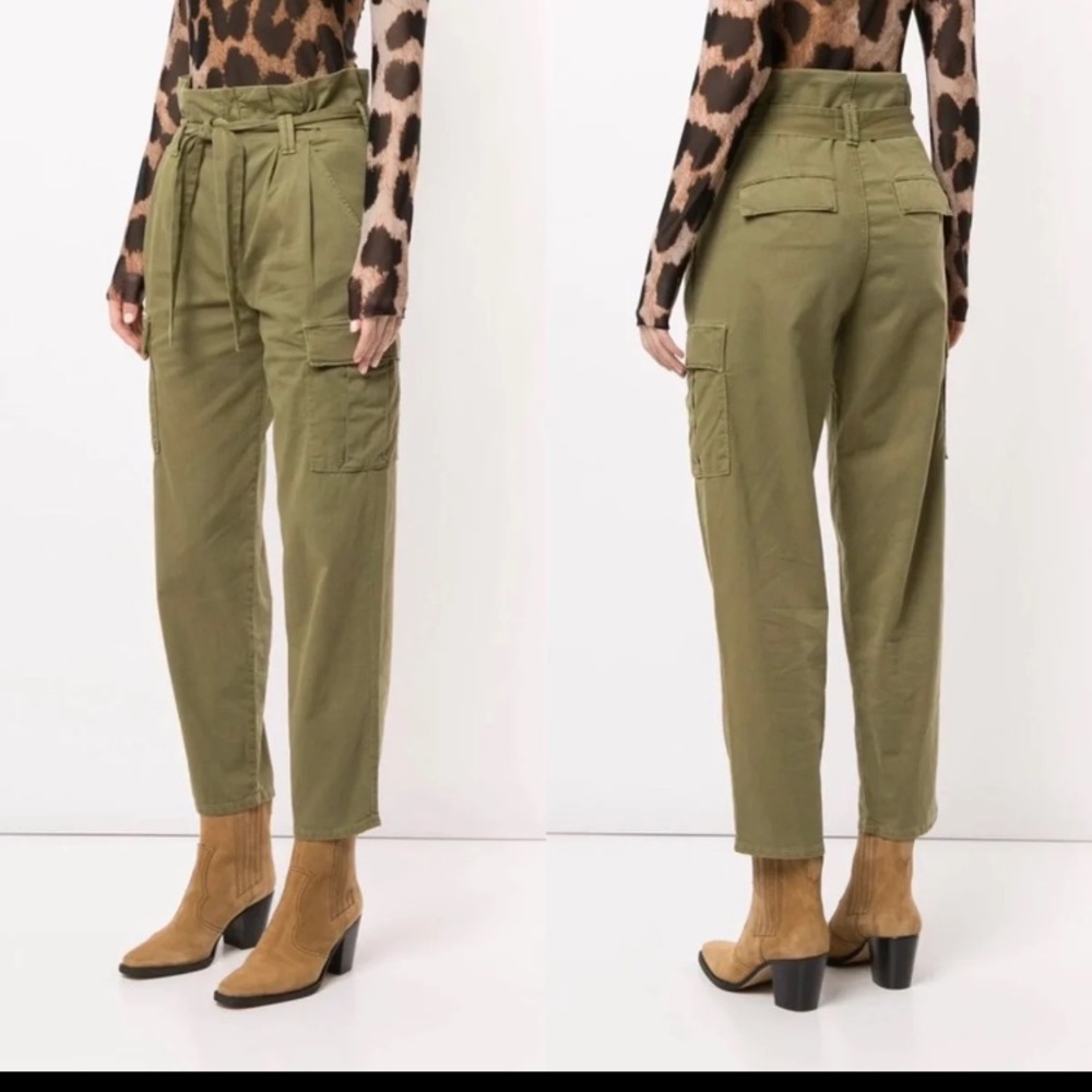 New MOTHER the Greaser pants cargo paperbag waist tie ankle pleat olive drab 27